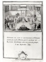 Kroning van Frans II (1544-60), op 21 september 1559 in Reims, door de aartsbisschop kardinaal van Lotharingen